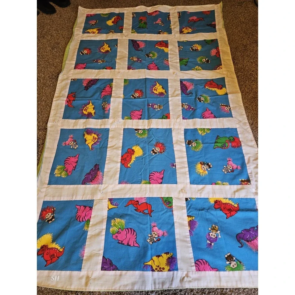 Vintage Trolls Quilt‎ Handmade Patchwork Blanket Retro 90s Kids Throw Colorful